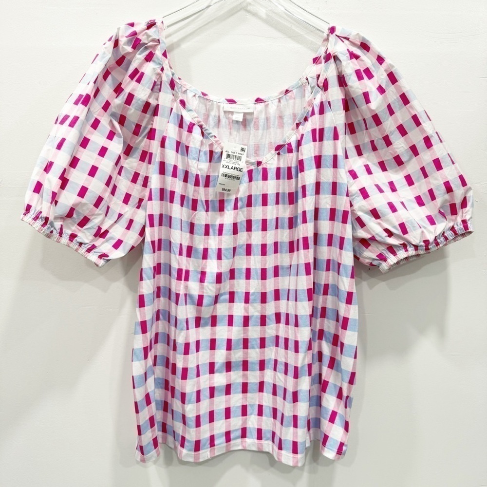Charter Club Puff Sleeve Plaid Top XXL